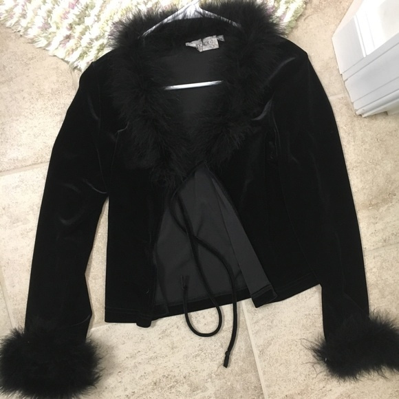 Vintage 90s Velvet Cardigan with Feather Trim