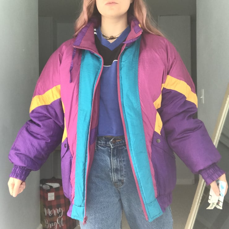 Vintage 80s / 90s neon color block puffer jacket /...
