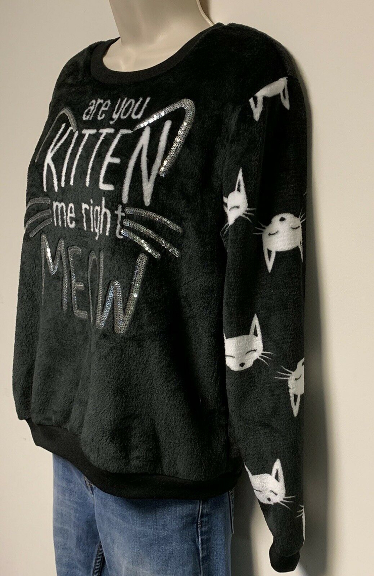 JUNIORS ARE YOU KITTEN ME RIGHT MEOW FUNNY CAT FLEECE PULLOVER SHIRT/HAT SET XS