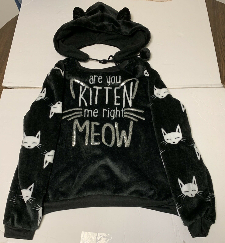 JUNIORS ARE YOU KITTEN ME RIGHT MEOW FUNNY CAT FLEECE PULLOVER SHIRT/HAT SET XS