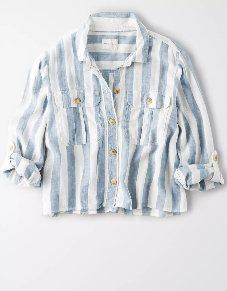 AE Striped Cropped Button Up Shirt