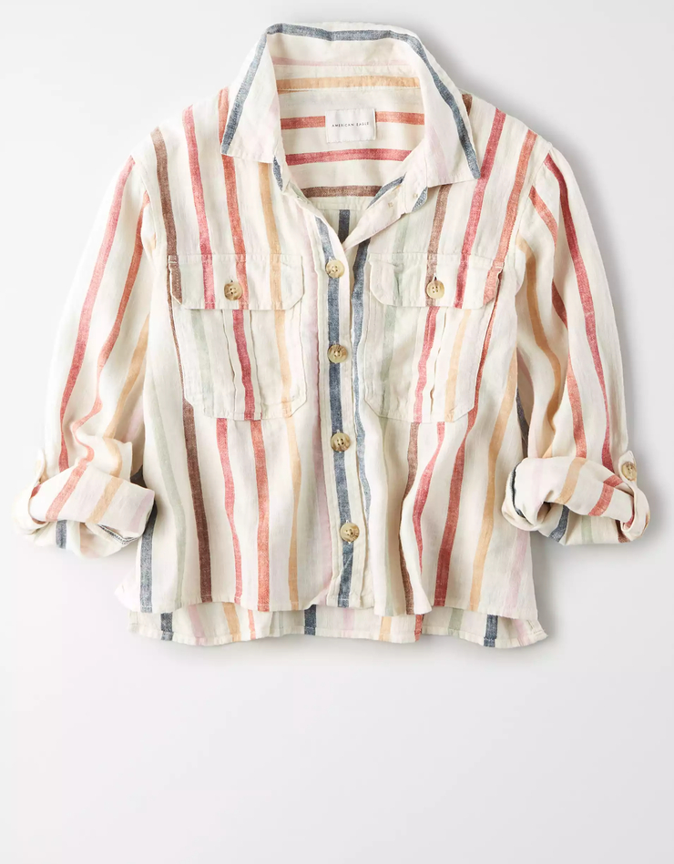 AE Striped Cropped Button Up Shirt