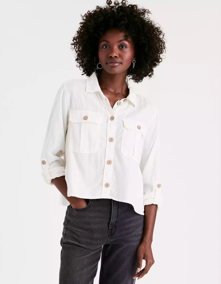 AE Striped Cropped Button Up Shirt