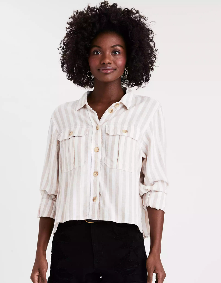AE Striped Cropped Button Up Shirt