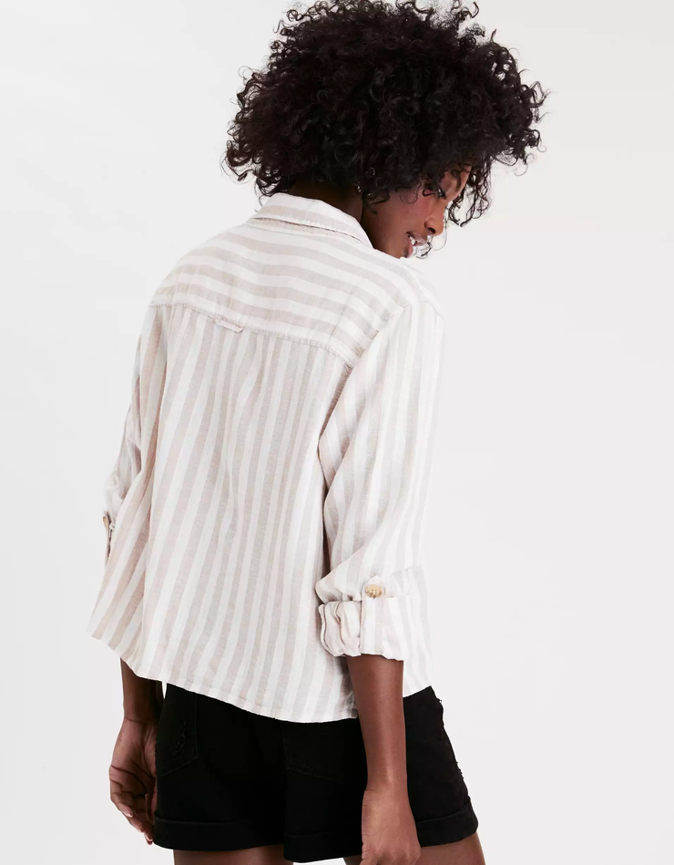 AE Striped Cropped Button Up Shirt
