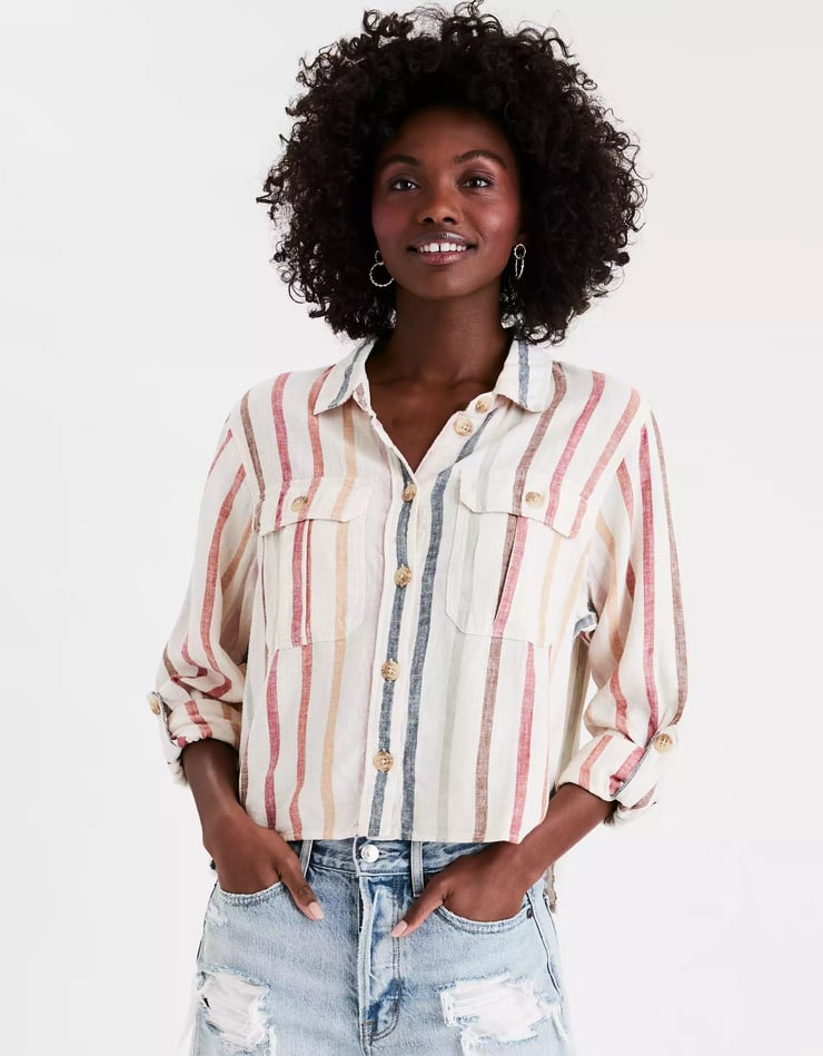 AE Striped Cropped Button Up Shirt