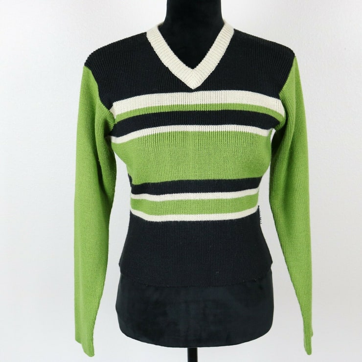 Vintage 1990s Lynsey Obermeyer Sweater Green Striped Colorblock Wool Blend Small