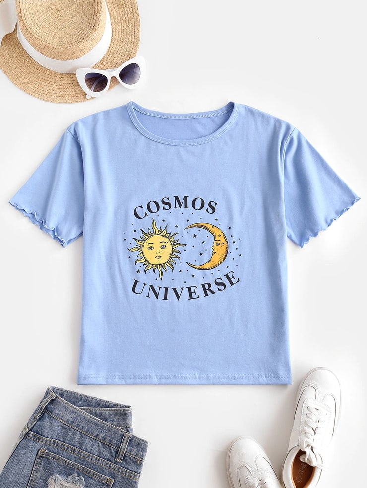 [45% OFF] 2020 Sun Moon Star Lettuce Cuffs T-shirt In BLUE