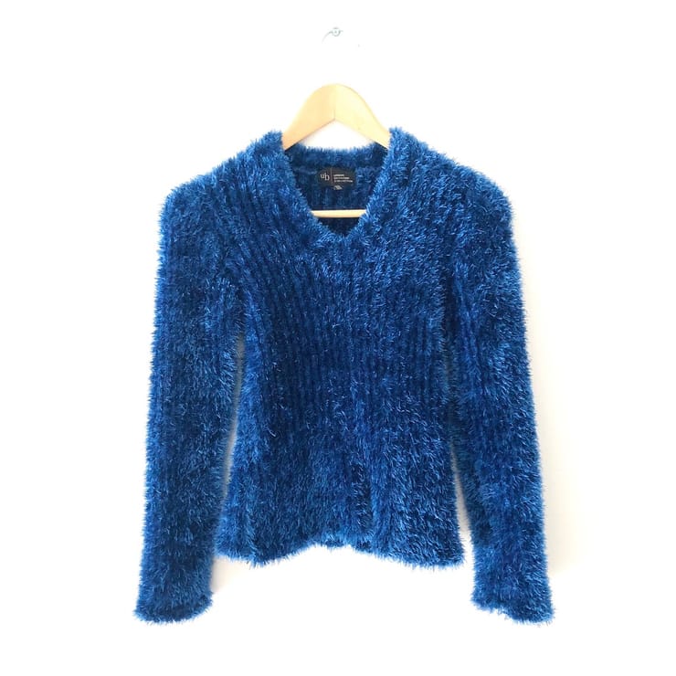 Vintage 90s Cropped Blue Fuzzy V-Neck Sweater One Size