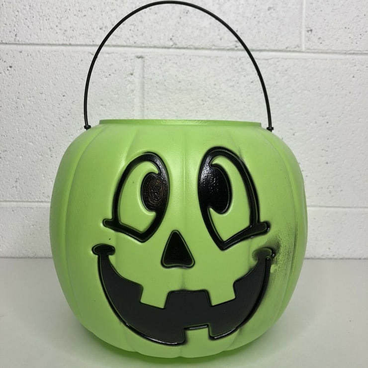 Vintage Green Halloween Pumpkin Pail Jack O Lantern Candy Bucket - Mad in USA