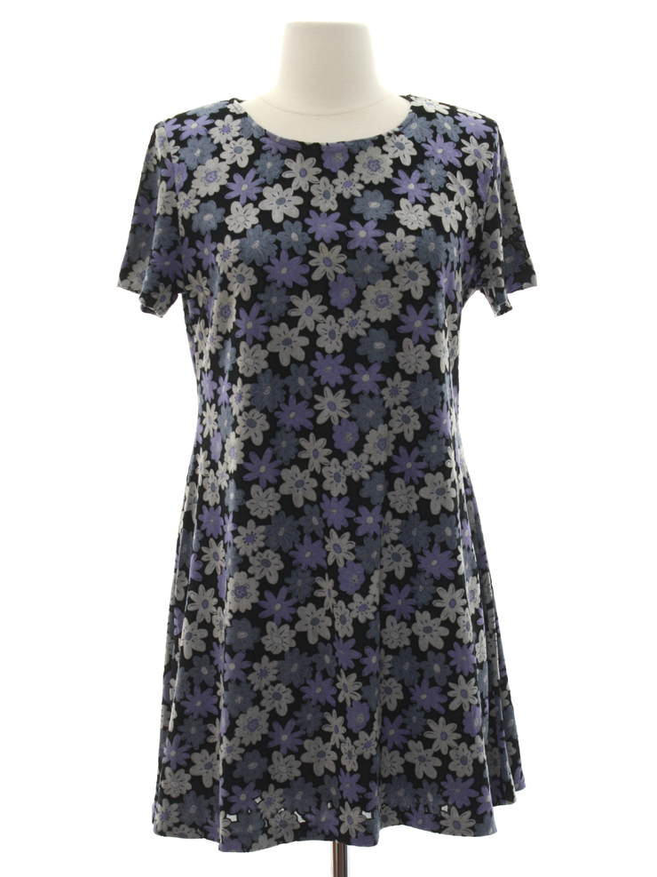 Nineties Vintage Dress: 90s or newer -S. Roberts- Womens black background rayon nylon blend short sleeve above the knee length mod dress. Semi-scoop neckline. Cute busy abstract flower-power print in 