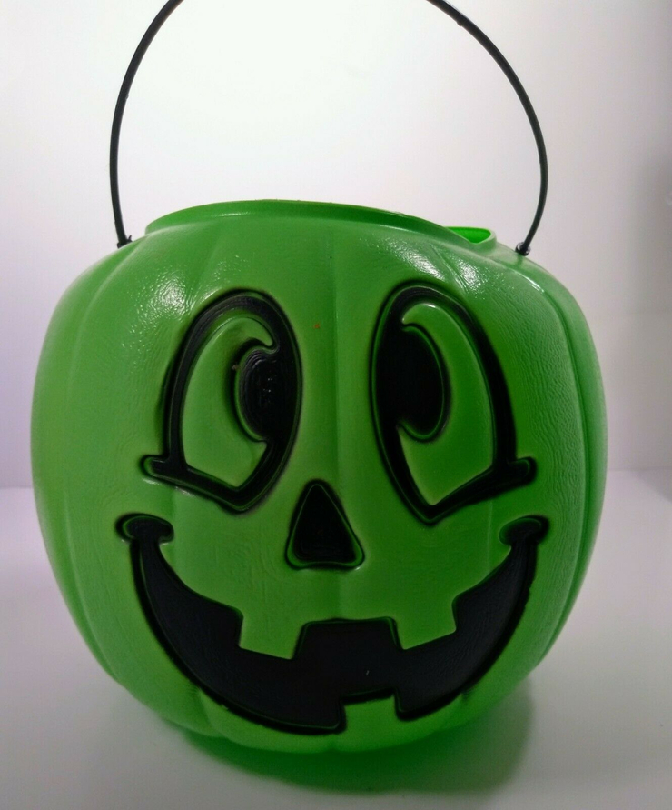 Vintage Green Halloween Pumpkin Pail Jack O Lantern Candy Bucket