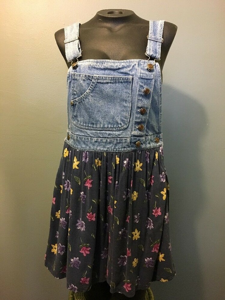 Vtg 80s 90s BonJour Ladies Denim Overalls Rayon Skirt Shorts Womens S One Piece