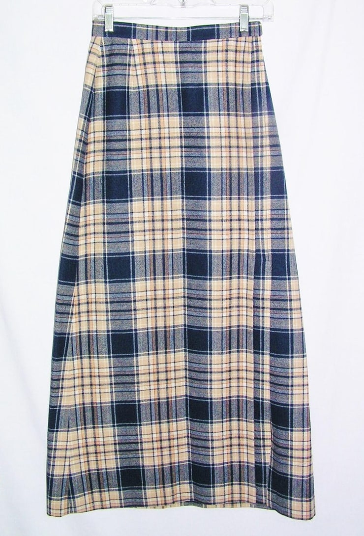 Young PENDLETON 80s Maxi SKIRT sz 2 / 4 XS Navy Blue, Tan, Cream Plaid 100% Wool Ankle Length Pleats & Slit Deadstock - Ships w/in 24 Hours