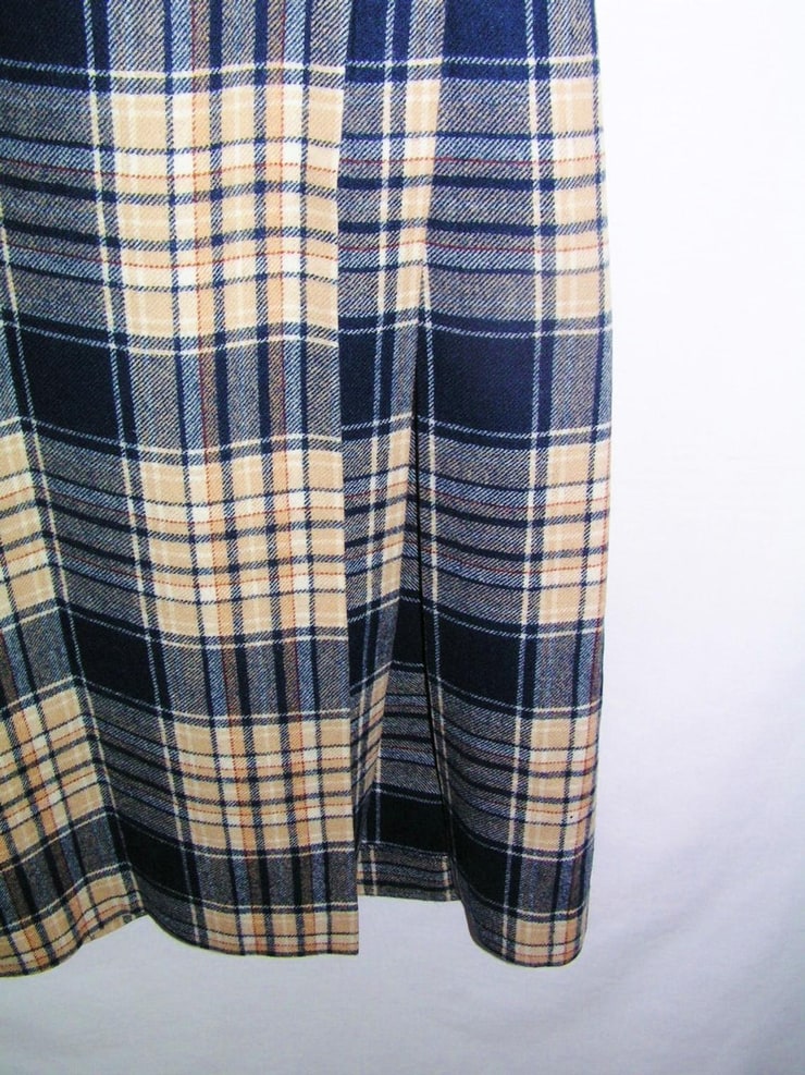 Young PENDLETON 80s Maxi SKIRT sz 2 / 4 XS Navy Blue, Tan, Cream Plaid 100% Wool Ankle Length Pleats & Slit Deadstock - Ships w/in 24 Hours