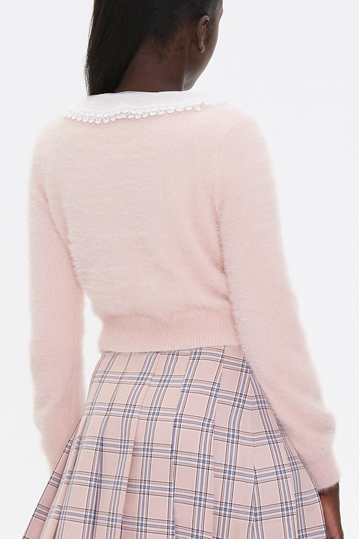 Image of Fuzzy Knit LaceCollar Cardigan