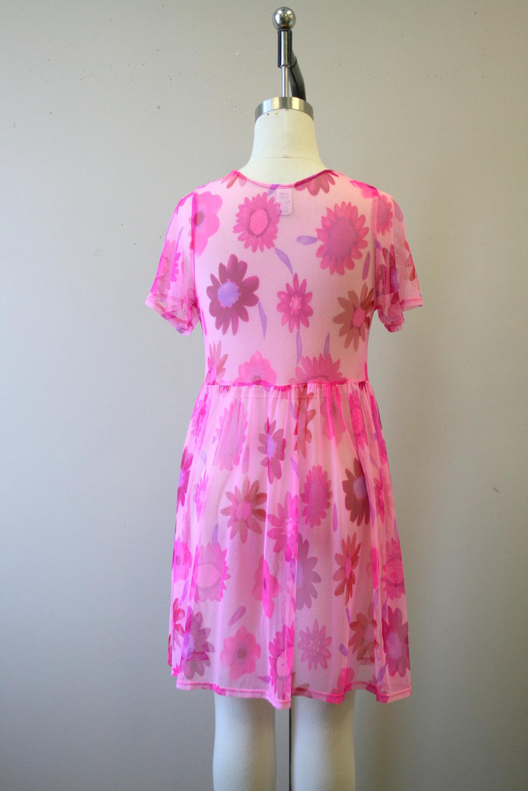 1990s Pink Floral Mesh Baby Doll Dress
