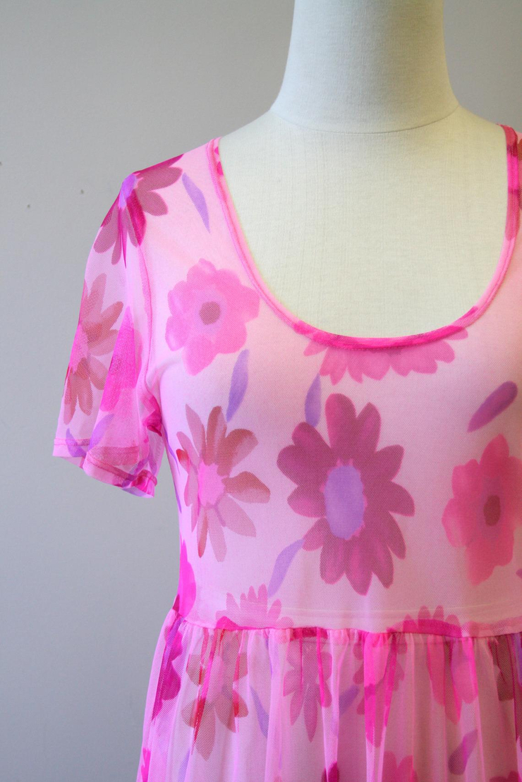 1990s Pink Floral Mesh Baby Doll Dress