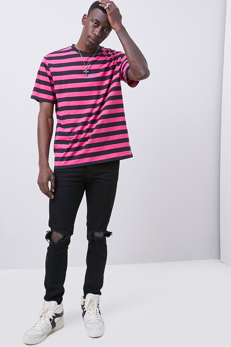 Verified Embroidered Graphic Striped Tee