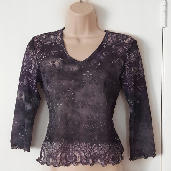 Vintage 90s Grey and White Floral Print Mesh Top