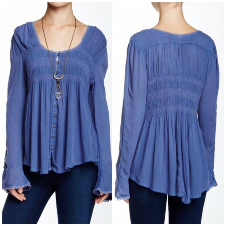 Free People Boho Blue Bird Smocked Tunic Size Large Blue Wash Indigo OB416324