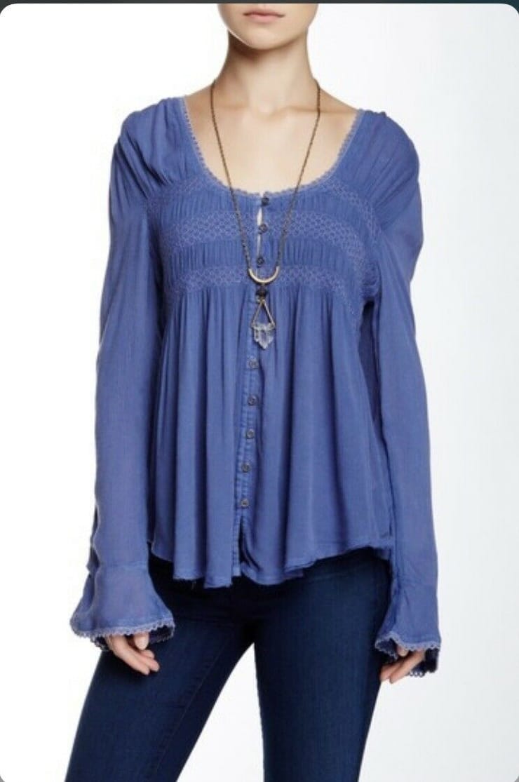 Free People Boho Blue Bird Smocked Tunic Size Large Blue Wash Indigo OB416324