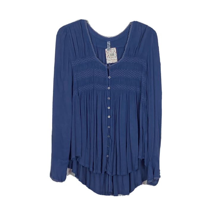 Free People Boho Blue Bird Smocked Tunic Size Large Blue Wash Indigo OB416324