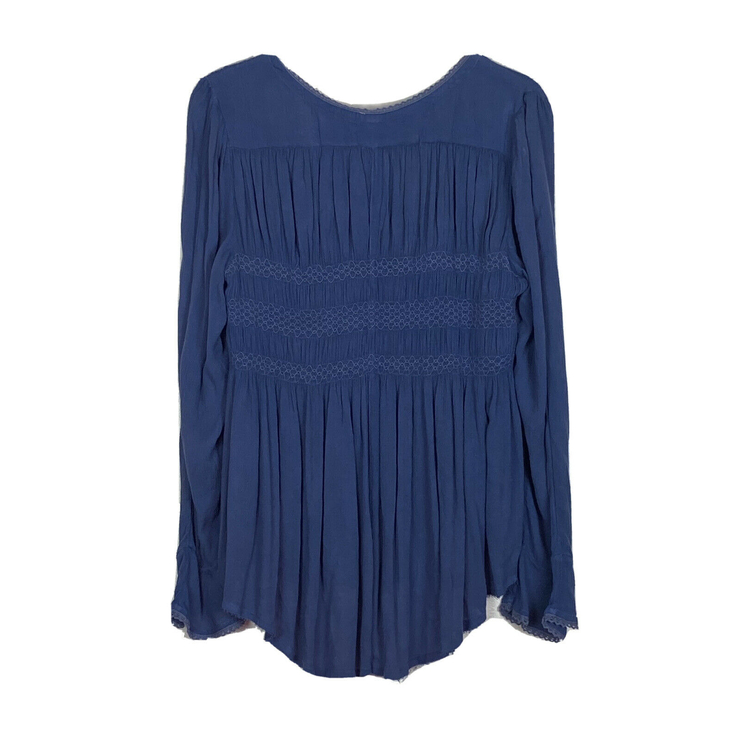 Free People Boho Blue Bird Smocked Tunic Size Large Blue Wash Indigo OB416324