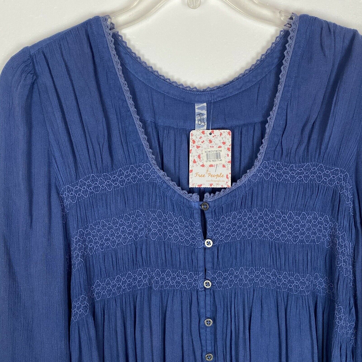 Free People Boho Blue Bird Smocked Tunic Size Large Blue Wash Indigo OB416324