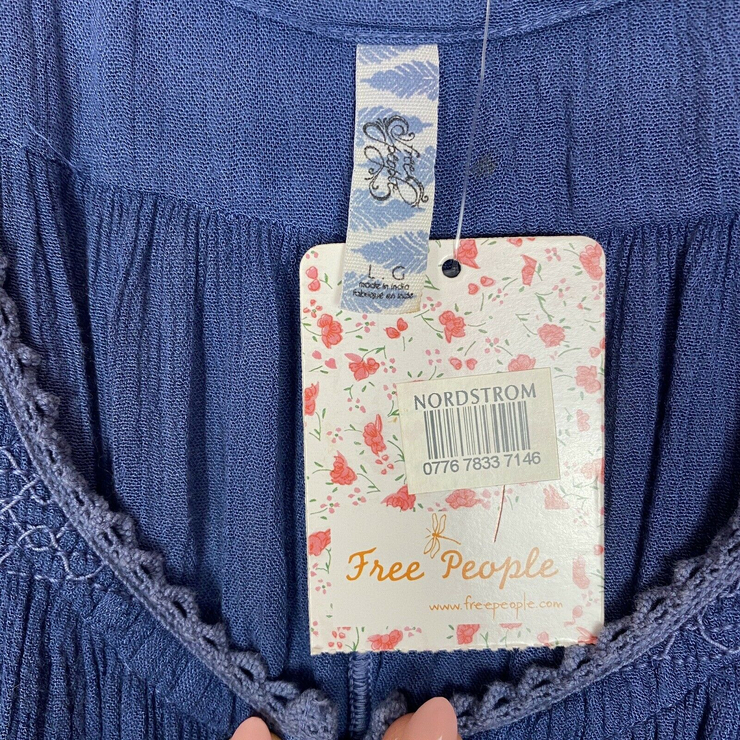 Free People Boho Blue Bird Smocked Tunic Size Large Blue Wash Indigo OB416324