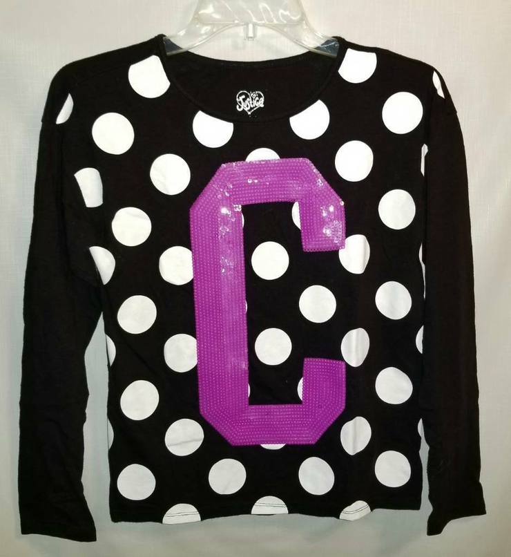 Justice Girls T-Shirt Black Polka Dot Sequin Long Sleeve Scoop Neck Tee 12-14