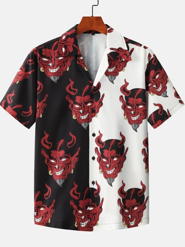 Men Graphic Print Spliced Button Up Shirt