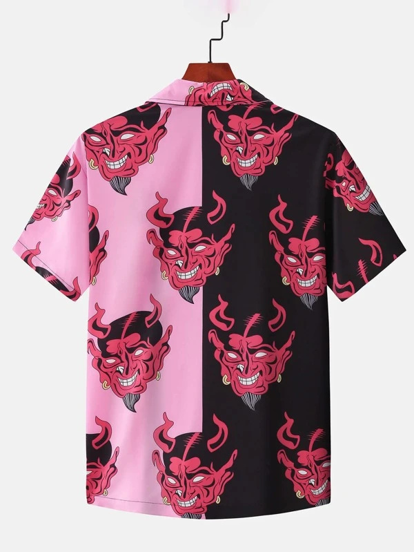 Men Graphic Print Spliced Button Up Shirt