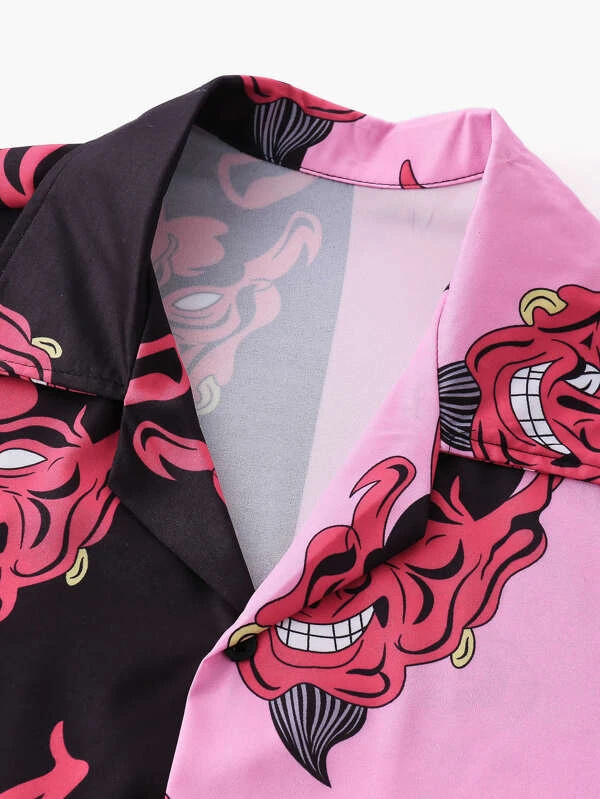 Men Graphic Print Spliced Button Up Shirt