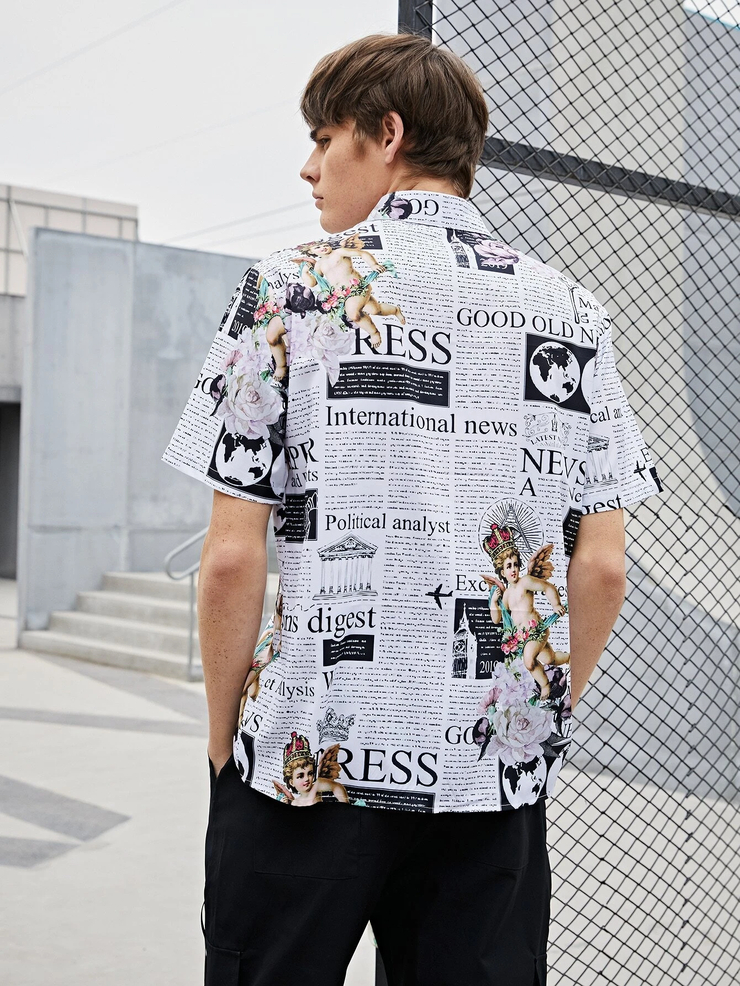 Men Newspaper & Angel Print Shirt