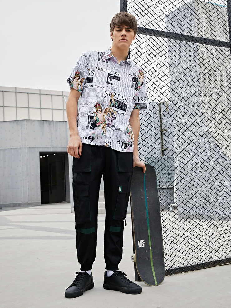 Men Newspaper & Angel Print Shirt