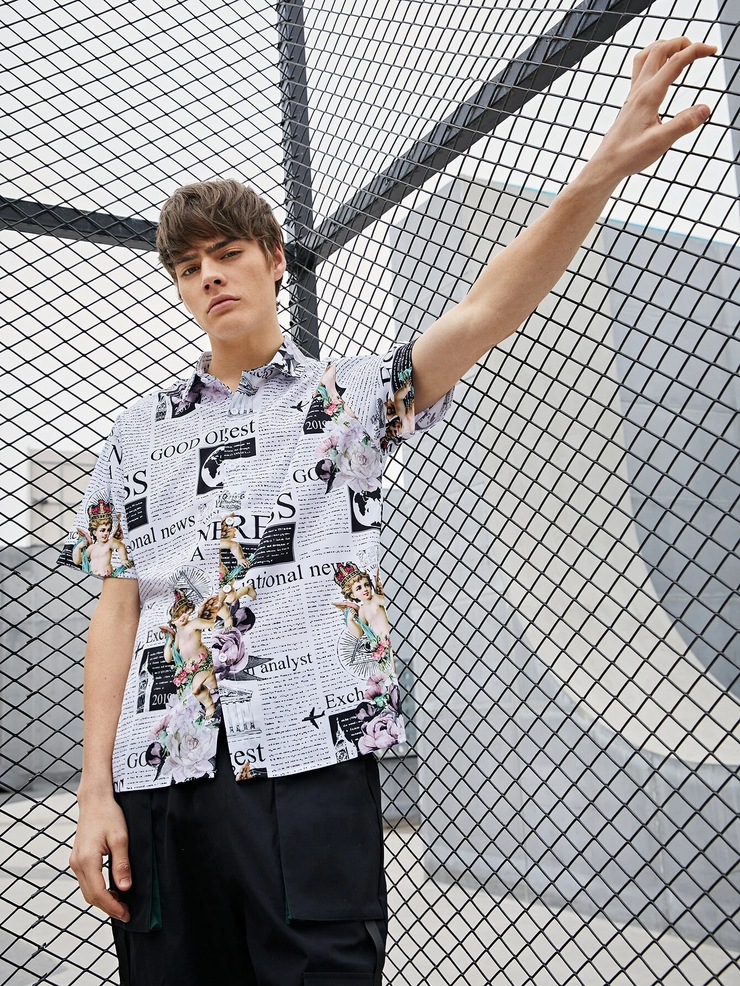 Men Newspaper & Angel Print Shirt