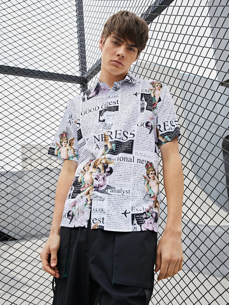 Men Newspaper & Angel Print Shirt