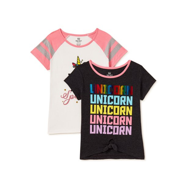 Pink Velvet Girls' Tie-Front & Fashion Sleeve Graphic T-Shirts, 2-Pack, Sizes 4-16