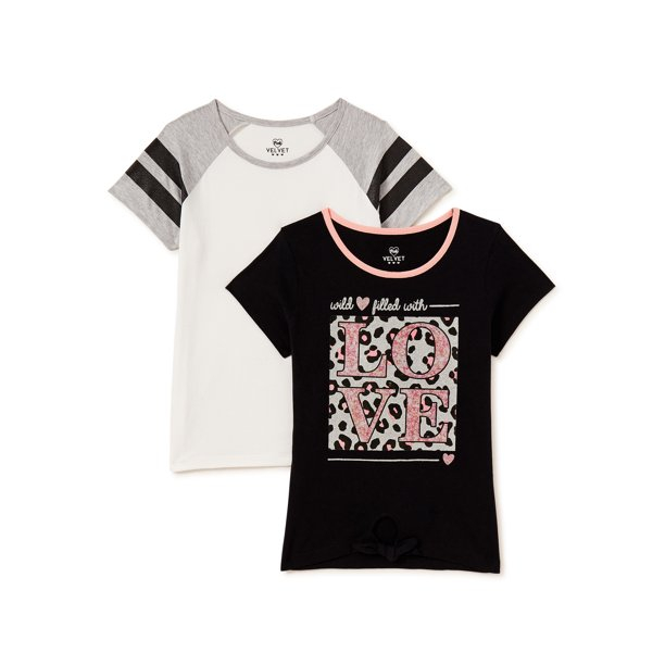 Pink Velvet Girls' Tie-Front & Fashion Sleeve Graphic T-Shirts, 2-Pack, Sizes 4-16
