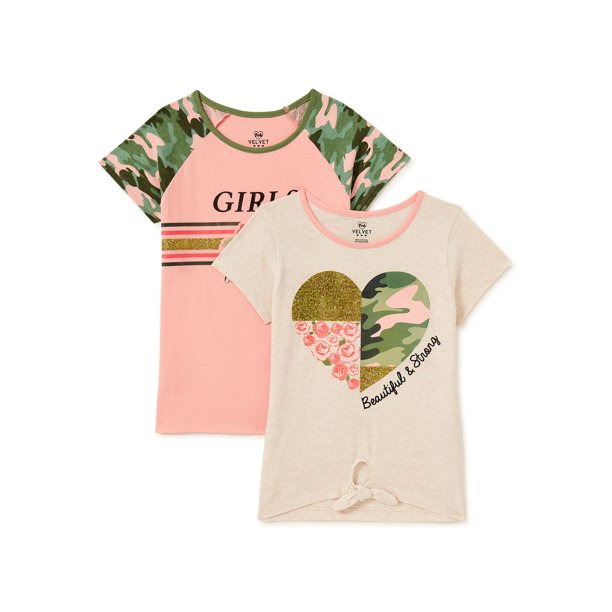 Pink Velvet Girls' Tie-Front & Fashion Sleeve Graphic T-Shirts, 2-Pack, Sizes 4-16