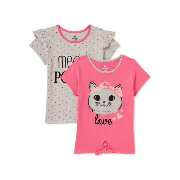 Pink Velvet Girls' Tie-Front & Fashion Sleeve Graphic T-Shirts, 2-Pack, Sizes 4-16