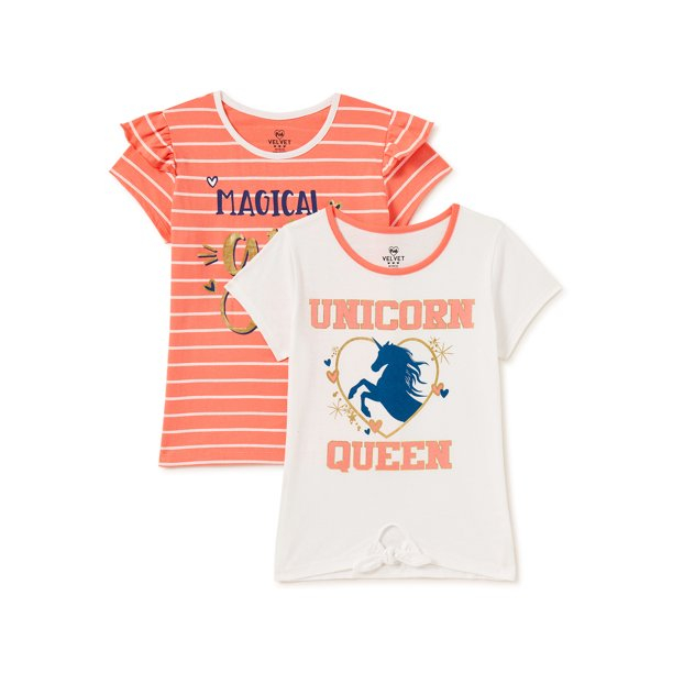Pink Velvet Girls' Tie-Front & Fashion Sleeve Graphic T-Shirts, 2-Pack, Sizes 4-16