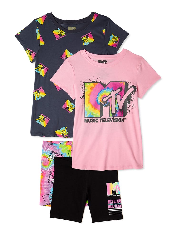 MTV Girls Graphic Tops and Biker Shorts, 4-Piece Outfit Set, Sizes 4-18