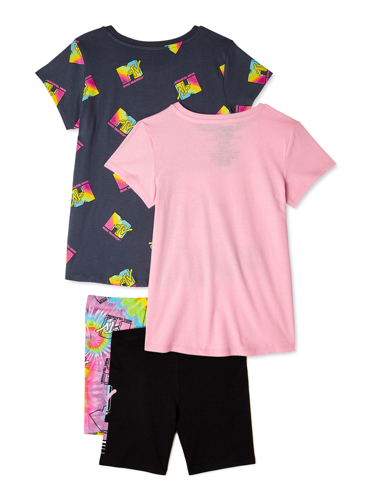 MTV Girls Graphic Tops and Biker Shorts, 4-Piece Outfit Set, Sizes 4-18