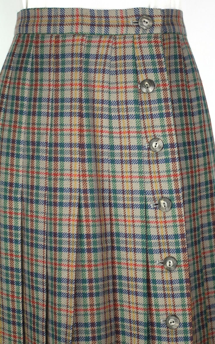 60s Vintage Jaeger Wool Pleated Taupe Plaid Side Button Long Midi Skirt Small 4