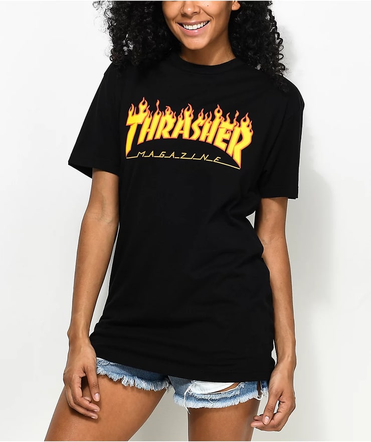 Thrasher Flame Logo Black Boyfriend Fit T-Shirt | Zumiez