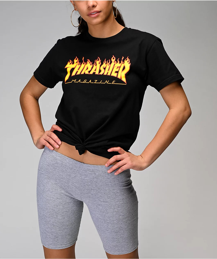 Thrasher Flame Logo Black Boyfriend Fit T-Shirt | Zumiez