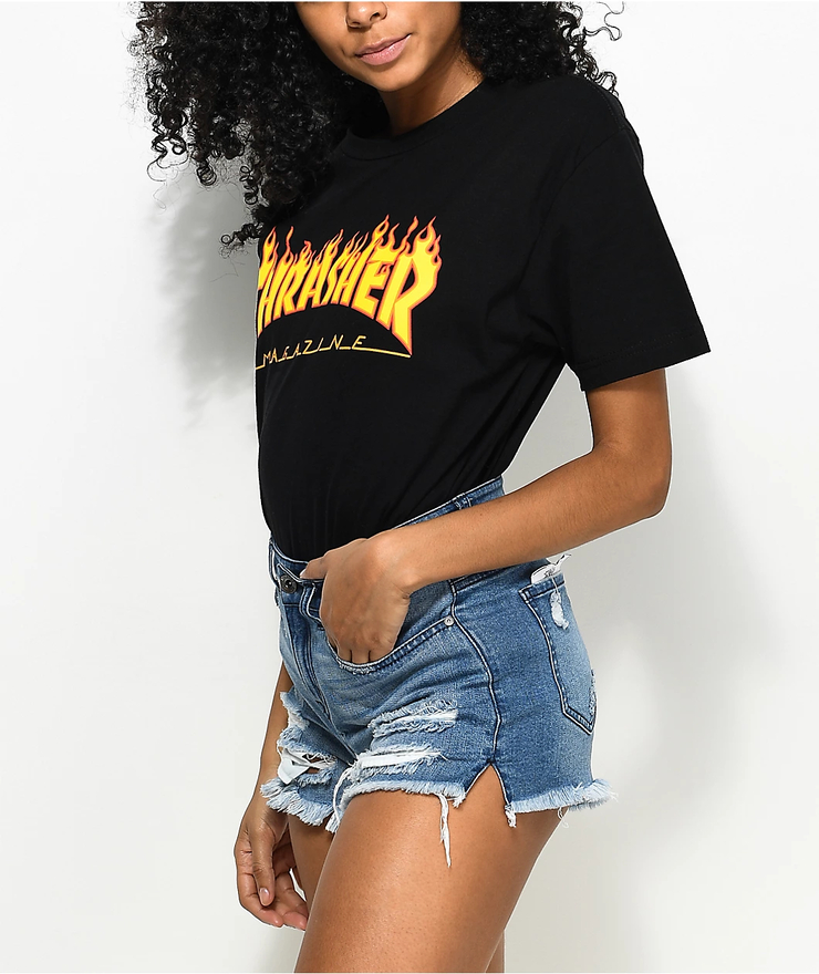 Thrasher Flame Logo Black Boyfriend Fit T-Shirt | Zumiez