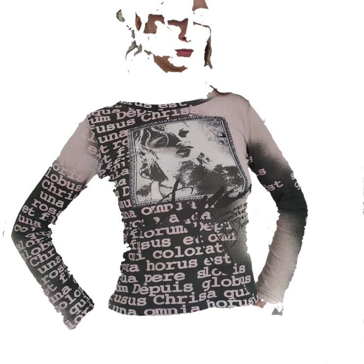 Pink and black mesh top with latin writing...